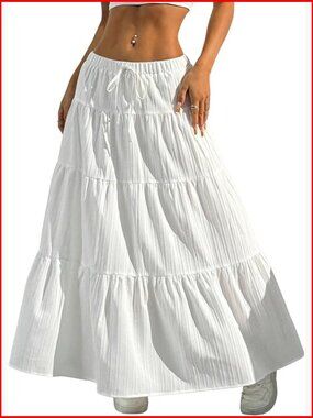 Long Maxi Skirt Boho Flowy Flared Ruffle Casual Below Knee Pull On